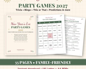 New Years Eve Games 2027 Printable, New Years Eve Bingo, Trivia & This or That, Family Party Games for Kids and Adults, PDF Letter A4
