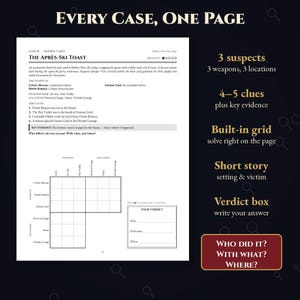K&ouml;nnte beinhalten: Ein einseitiges Krimi-Spielblatt mit dem Titel Every Case, One Page und dem Fall The Apr&egrave;s-Ski Toast. Es enth&auml;lt eine Kurzgeschichte, drei Verd&auml;chtige, Waffen, Orte, vier Hinweise, ein Logikgitter und ein Feld f&uuml;r das abschlie&szlig;ende Urteil.