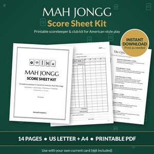 May include: A Mah Jongg score sheet kit featuring a title page with game tile illustrations, a grid-based scorekeeping sheet, and a tile glossary page. The document set includes 14 pages in US Letter format for American-style play.