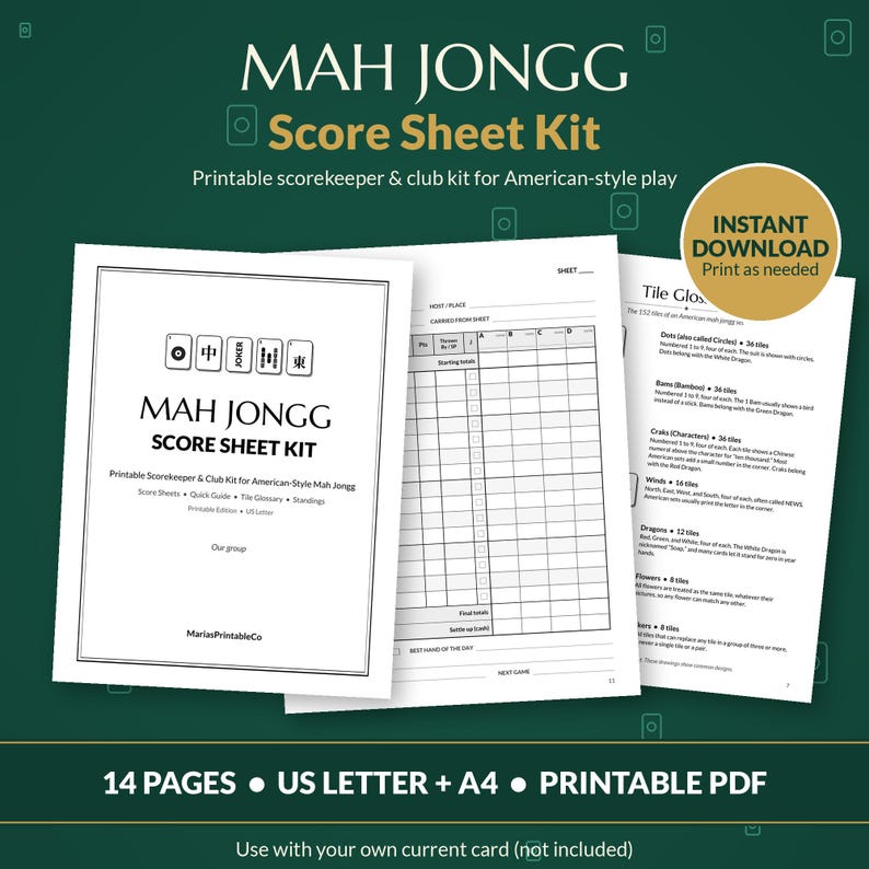 May include: A Mah Jongg score sheet kit featuring a title page with game tile illustrations, a grid-based scorekeeping sheet, and a tile glossary page. The document set includes 14 pages in US Letter format for American-style play.
