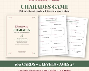 Può includere: Un set di gioco per le charades natalizie con 100 carte da mimare divise in 4 livelli e un foglio segnapunti. Le pagine stampabili presentano testo in rosso e verde su sfondo crema con decorazioni floreali e illustrazioni di agrifoglio.
