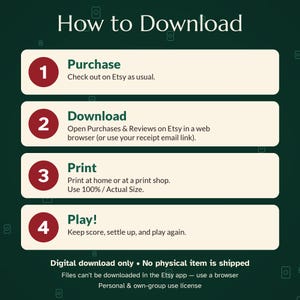 May include: A dark green informational graphic titled How to Download with four numbered steps in red circles. The steps are: 1. Purchase, 2. Download, 3. Print at 100% size, and 4. Play. Text notes digital download only and no physical item is shipped.