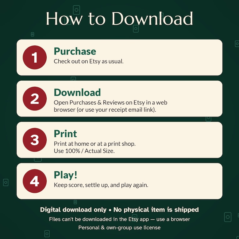 May include: A dark green informational graphic titled How to Download with four numbered steps in red circles. The steps are: 1. Purchase, 2. Download, 3. Print at 100% size, and 4. Play. Text notes digital download only and no physical item is shipped.