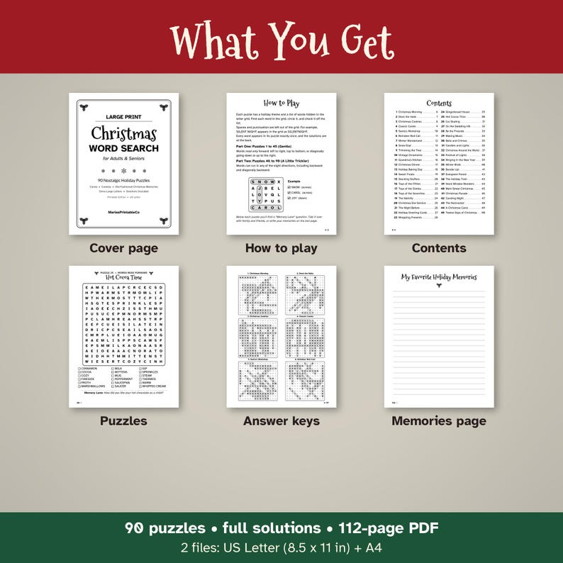Puede incluir: Un libro digital de sopas de letras navide&ntilde;as con portada, instrucciones, &iacute;ndice, cuadr&iacute;culas de rompecabezas, claves de respuestas y una p&aacute;gina de recuerdos. El texto incluye 90 rompecabezas, soluciones completas y un PDF de 112 p&aacute;ginas en A4.