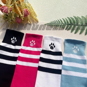 Embroidered Paw Stripe Over the Knee Socks: Cotton Blend Thigh High Socks