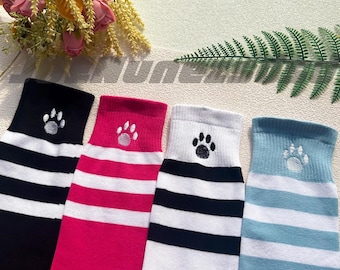 Embroidered Paw Stripe Over the Knee Socks: Cotton Blend Thigh High Socks
