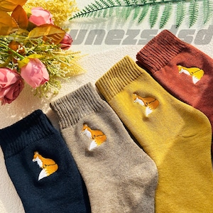 Embroidered Fox Cotton Socks, Unisex Animal Socks