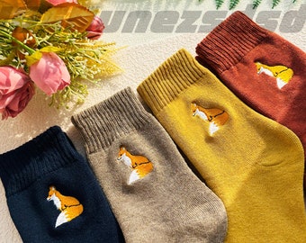 Bestickte Fuchs Baumwollsocken, Unisex Tier Socken