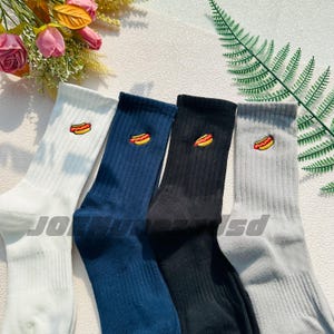 Embroidered Hot Dog Socks: Unisex Cotton Blend Crew Socks
