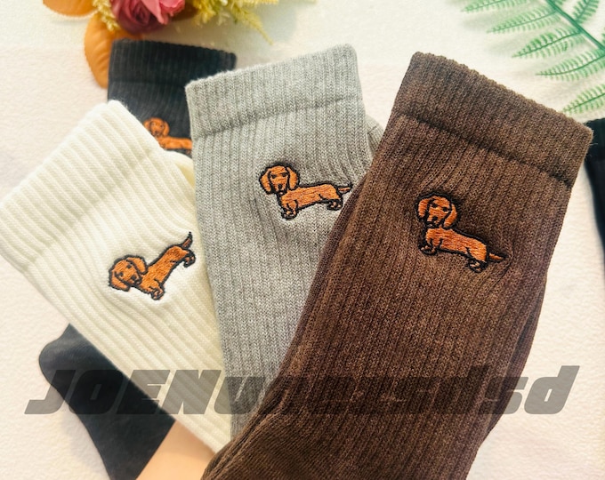 Embroidered Dachshund Cotton Socks, Unisex Crew Socks