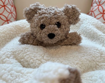 Baby Bear Snuggle Lovey, crocheted bear faux sherpa blanket, tactilely engaging carseat travel blankie buddy