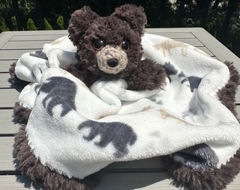 Baby Bear Snuggle Lovey, crocheted furry bear blanket with fur trim, tactilely engaging, cozy carseat travel blankie buddy