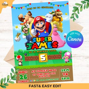 Convite editável do Mario Bros, convite de aniversário do Super Mario, convites para festa de aniversário para imprimir, convite de aniversário infantil 5x7