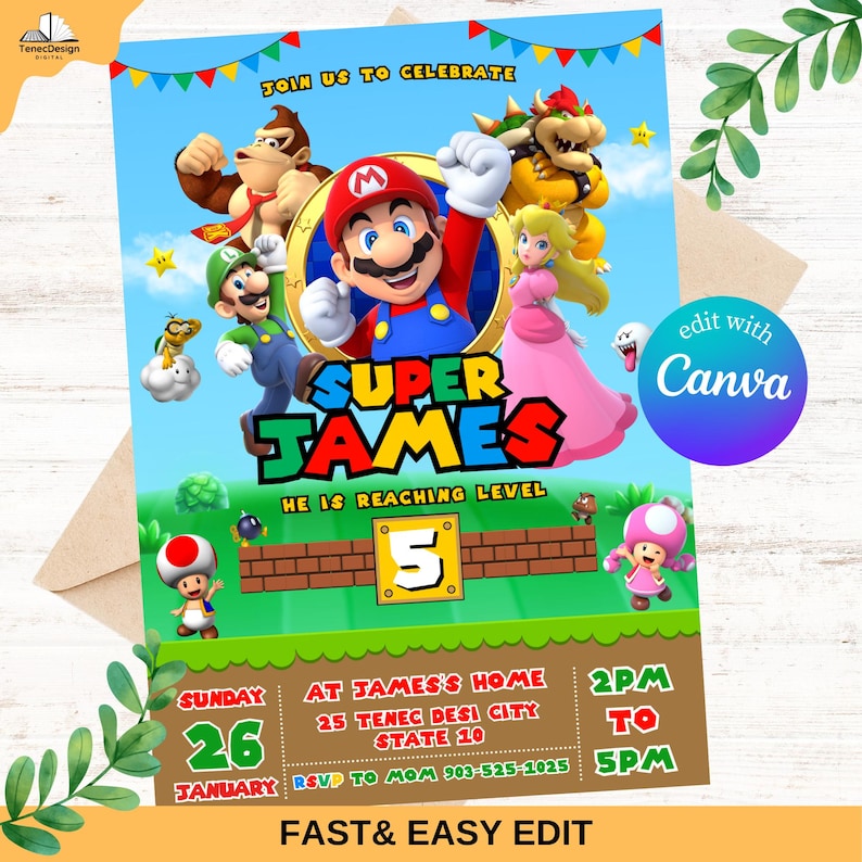 Op de afbeelding: Een kleurrijke uitnodiging voor een Super Mario-themafeest. De uitnodiging bevat een cartoonafbeelding van Super Mario, Luigi, Peach, Bowser en Donkey Kong. De tekst op de uitnodiging luidt: &bdquo;Doe mee met ons om Super James te vieren. Hij bereikt level 5. Zondag 26 januari, 14:00 tot 17:00 uur. Bij James thuis, 25 Tenec Desi City, staat 10. RSVP naar mama 903-525-1025. Snelle en gemakkelijke bewerking. Bewerken met Canva. &ldquo;