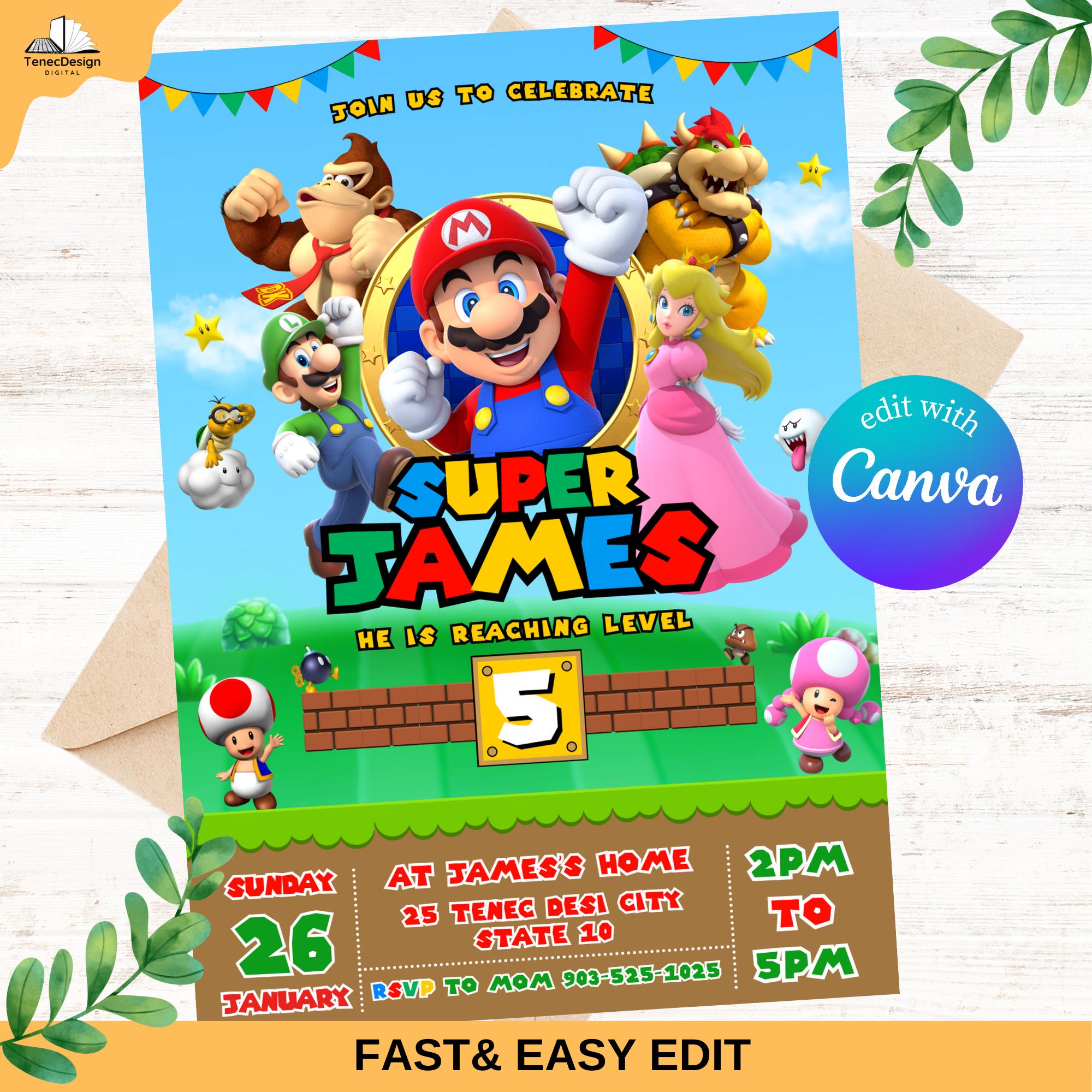 Editable Super Mario Birthday Invitation: 5x7 Printable (Canva Template)