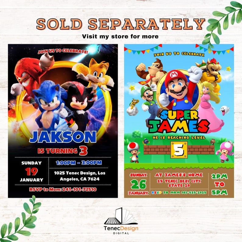 May include: Two colorful birthday party invitations featuring popular video game characters. One invitation says "Jakson is turning 3" with Sonic the Hedgehog and friends. The other says "Super James" with Mario and friends.