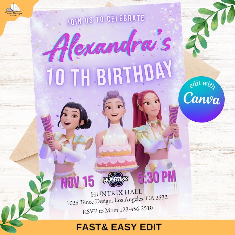 May include: A birthday party invitation with the text "Alexandra's 10th Birthday." The invitation features three animated girls holding sparklers and a cake. The date is November 15th at 5:30 PM. The invitation also includes the venue address and RSVP information.