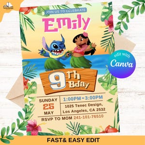 Aangepaste afdrukbare bewerkbare steekuitnodiging, Lilo and Stitch-verjaardagsuitnodiging, Stitch Party-uitnodigingssjabloon, digitale verjaardagskaartuitnodiging