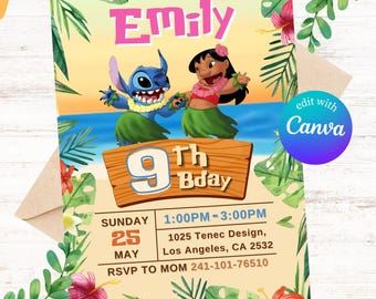 May include: A colorful invitation for Emily's 9th birthday party, featuring the characters Stitch and Lilo in a tropical setting. The invitation includes the date, time, and location, with the text "FAST & EASY EDIT" at the bottom.