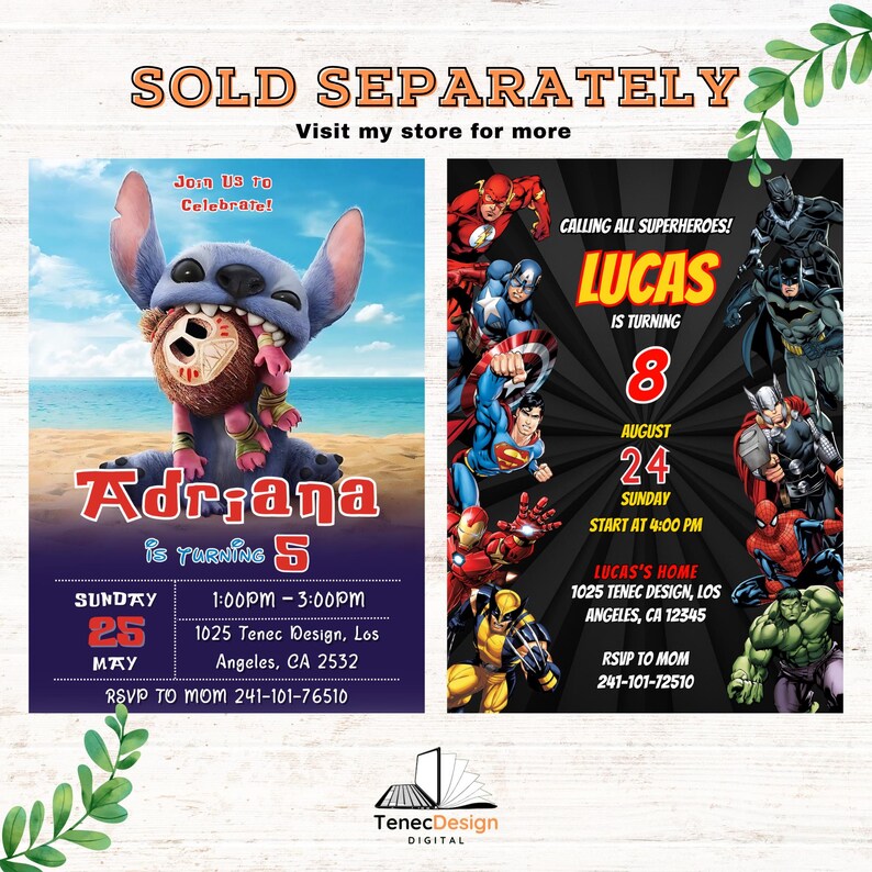 May include: Two birthday party invitations. One features a blue cartoon character holding a brown creature, with the name "Adriana" and the text "is turning 5". The other invitation has superhero graphics and the name "Lucas" with the text "is turning 8".