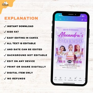 May include: A smartphone displays a digital birthday invitation for Alexandra's 10th birthday. The invitation features three animated figures, text, and the date and time. The phone is black, and the background is a light wood grain.