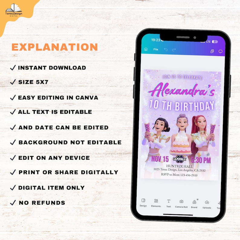 May include: A smartphone displays a digital birthday invitation for Alexandra's 10th birthday. The invitation features three animated figures, text, and the date and time. The phone is black, and the background is a light wood grain.