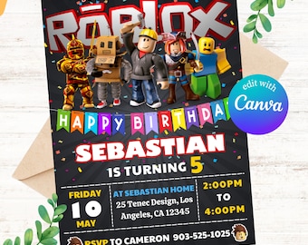 Roblox Birthday Invitation: Game Party Invite, Editable Canva Template (Digital Download)