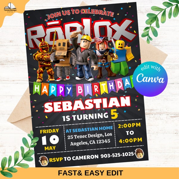 Roblox Geburtstagseinladung, Roblox Spielparty, Roblox Einladung, Kinder Roblox einladen, druckbare bearbeitbare Vorlage Canva, Sofort-Download