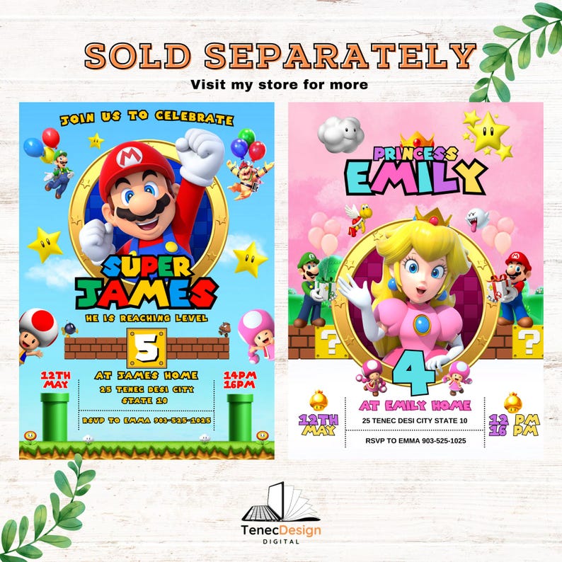 Op de afbeelding: Twee printbare uitnodigingen voor een Super Mario-themafeest. De eerste uitnodiging toont Super Mario en de tekst "Super James" en "Hij bereikt level 5". De tweede uitnodiging toont Princess Peach en de tekst "Princess Emily" en "4". Beide uitnodigingen hebben een groene en blauwe achtergrond met een gele ster.