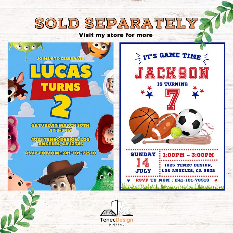 May include: Two printable birthday party invitations. The first invitation is for a boy named Lucas turning two. The invitation features characters from the Toy Story movie. The second invitation is for a boy named Jackson turning seven. The invitation features a basketball, football, baseball, soccer ball, and hockey puck.