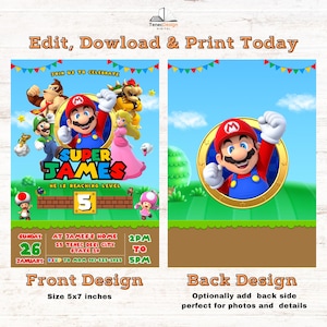 Bewerkbare Super Mario-verjaardagsuitnodiging: 5 x 7 afdrukbaar (canvasjabloon) afbeelding 2