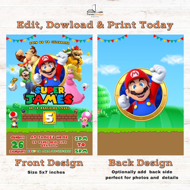 Editable Super Mario Birthday Invitation: 5x7 Printable (canva Template ...