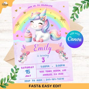 Unicorn Birthday Invitation, Unicorne Invite for Girls, RainbowUnicorn Party, Editable Unicorns Girl Unicorn Invitation Party Girl Invitate