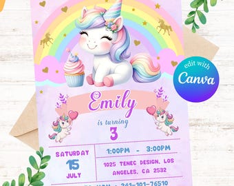 Rainbow Unicorn Birthday Invitation: Editable Girl's Party (Digital Download)