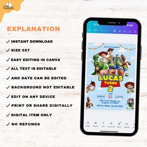 May include: A digital invitation on a smartphone screen featuring characters from a popular animated movie. The invitation is for a birthday party, with the name "Lucas" and the number "2" prominently displayed. Additional text includes date, time, and RSVP information.