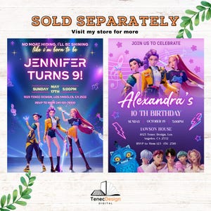 May include: Two birthday party invitations with a purple and blue theme. One says "Jennifer Turns 9!" with a date and time. The other says "Alexandra's 10th Birthday" with a date and time. Both feature animated characters.