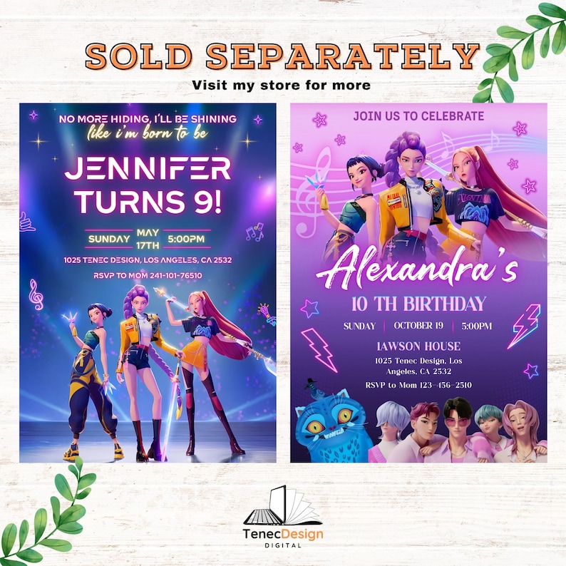 May include: Two birthday party invitations with a purple and blue theme. One says "Jennifer Turns 9!" with a date and time. The other says "Alexandra's 10th Birthday" with a date and time. Both feature animated characters.