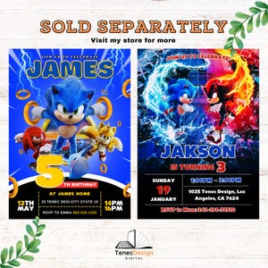 Op de afbeelding: Twee printbare verjaardagsuitnodigingen met Sonic the Hedgehog-personages. De eerste uitnodiging is blauw en toont Sonic, Tails en Knuckles. De tweede uitnodiging is rood en toont Sonic en Shadow. Beide uitnodigingen hebben de tekst "Doe met ons mee om te vieren!" en bevatten de naam van het kind, de leeftijd en de feestdetails.