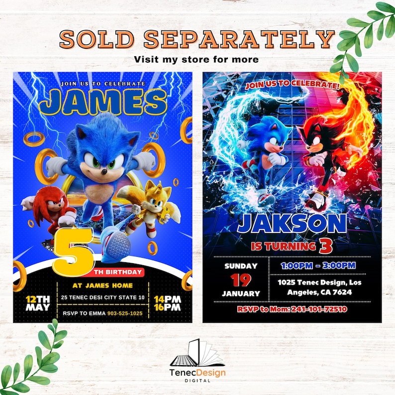 Op de afbeelding: Twee printbare verjaardagsuitnodigingen met Sonic the Hedgehog-personages. De eerste uitnodiging is blauw en toont Sonic, Tails en Knuckles. De tweede uitnodiging is rood en toont Sonic en Shadow. Beide uitnodigingen hebben de tekst "Doe met ons mee om te vieren!" en bevatten de naam van het kind, de leeftijd en de feestdetails.