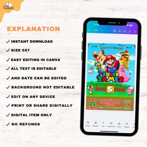 Op de afbeelding: Een digitale uitnodiging voor een Super Mario-themafeest. De uitnodiging bevat een kleurrijke illustratie van Mario, Luigi, Peach, Toad en Donkey Kong. De tekst op de uitnodiging luidt: "Doe mee met ons om Super James te vieren. Hij bereikt level 5. Zondag 26 januari, 14:00 tot 17:00 uur. Bij James thuis, 25 Temoc Beir City, State 20."
