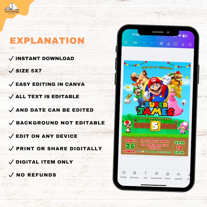 Op de afbeelding: Een digitale uitnodiging voor een Super Mario-themafeest. De uitnodiging bevat een kleurrijke illustratie van Mario, Luigi, Peach, Toad en Donkey Kong. De tekst op de uitnodiging luidt: "Doe mee met ons om Super James te vieren. Hij bereikt level 5. Zondag 26 januari, 14:00 tot 17:00 uur. Bij James thuis, 25 Temoc Beir City, State 20."