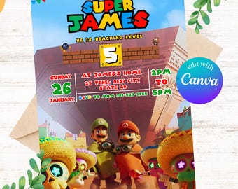 Mario Galaxy Birthday Invitation, Editable Canva Template (5x7) (Digital Download