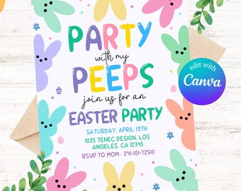 Easter egg Hunt Invitation, Party with my Peeps, Easter Bunny Invite, Gold Easter Egg, Easter Party Invite, Instant Download, Editable Canva