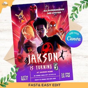 Convite Spider Verso | Convites de aniversário do Homem-Aranha | Tamanho 5X7 | Convite de aniversário para menino | Cartão de aniversário | Aniversário para menina e menino
