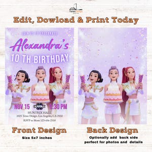 May include: A digital birthday party invitation featuring a design for Alexandra's 10th birthday. The front design includes illustrations of animated figures, event details, and the text "Edit, Download & Print Today."