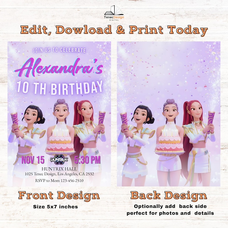 May include: A digital birthday party invitation featuring a design for Alexandra's 10th birthday. The front design includes illustrations of animated figures, event details, and the text "Edit, Download & Print Today."