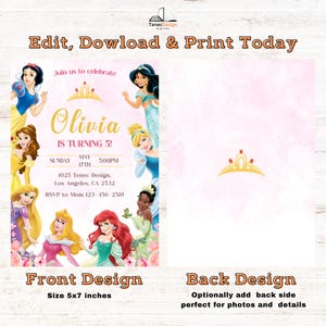 May include: A pink and gold birthday invitation with princess illustrations. The front design features the text "Olivia is turning 5!" and event details. The back design has a gold crown on a pink background. Size 5x7 inches.