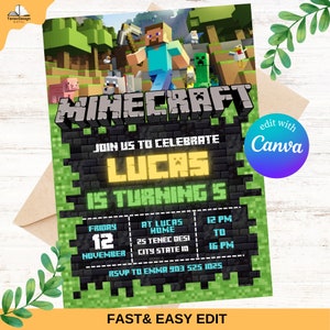 Editable Minecraft Birthday Invitation, Minecrafter birthday invitations, Minecraft Birthday Invitation, Gamer invitation, Editable Canva