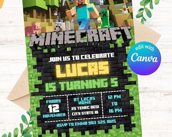 Invitation d'anniversaire Minecraft modifiable, invitations d'anniversaire Minecrafter, invitation d'anniversaire Minecraft, invitation de joueur, toile modifiable