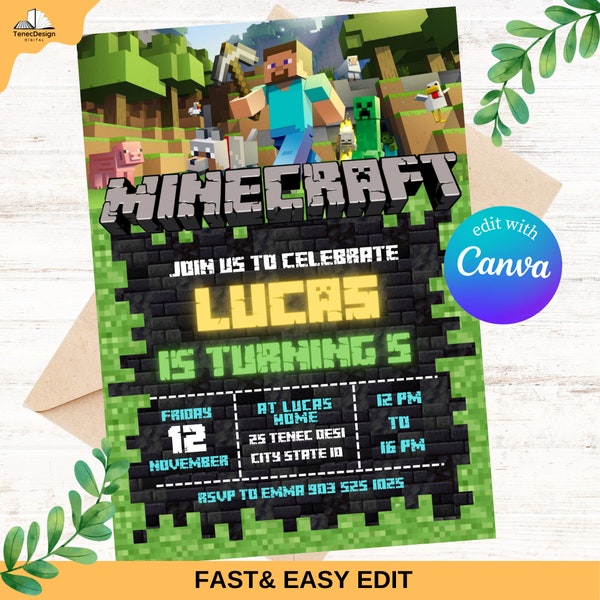 Minecraft-Geburtstagseinladung, Minecraft-Geburtstagseinladungen, Minecraft-Geburtstagseinladung, Gamer-Einladung, bearbeitbare Canva